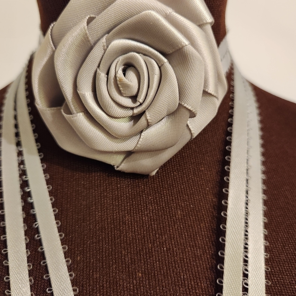 Hand Crafted Floral Choker Necklace Grey Wrap Choker Necklace Ribbon Tie
